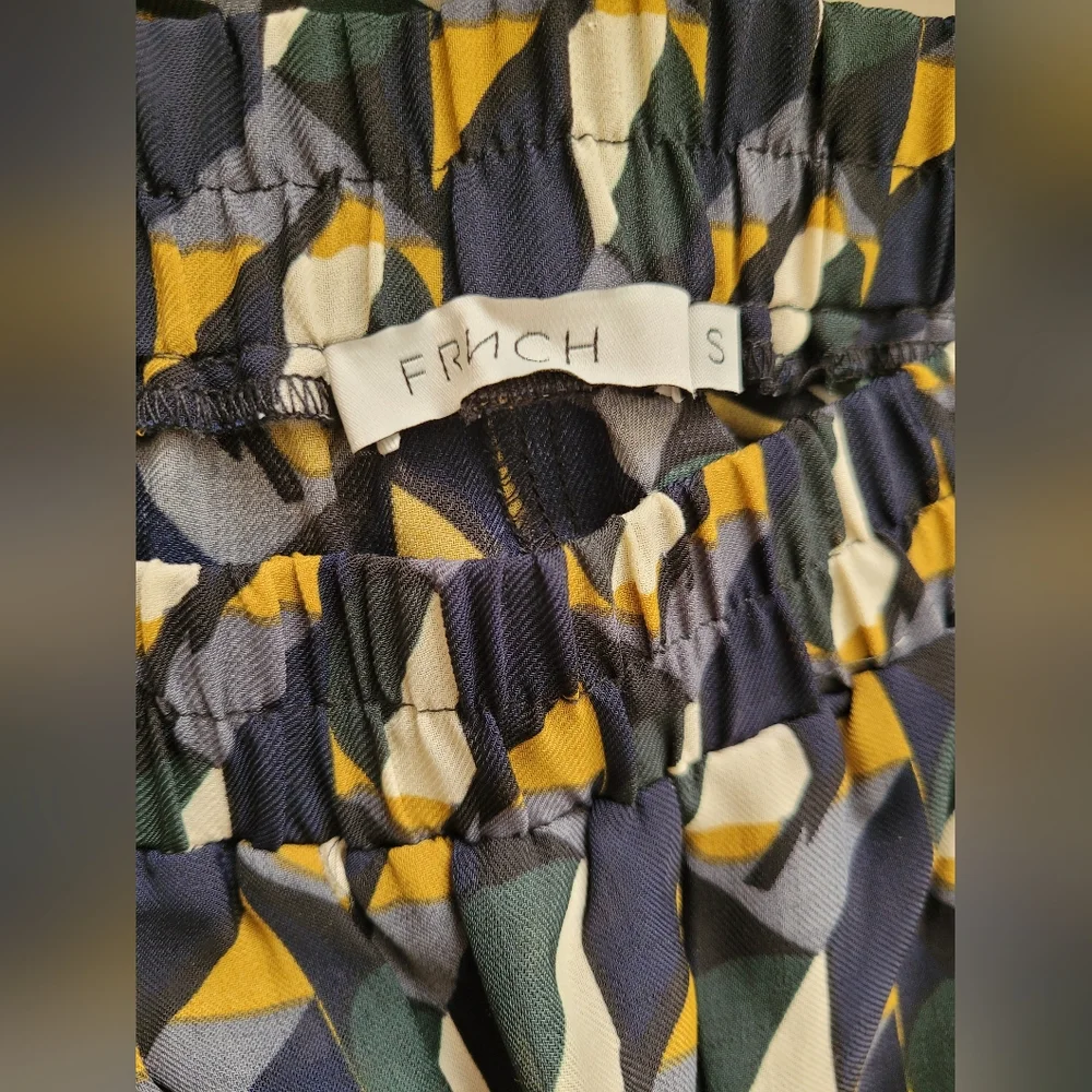 FRNCH Navy Trouser Pants Small Geometric Artsy Sheer High Waist PullOn Slim Fit